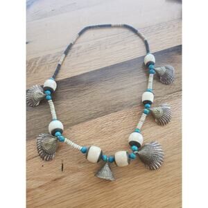 Chunky shell beaded necklace barrel clasp with round bone and wood accent beads